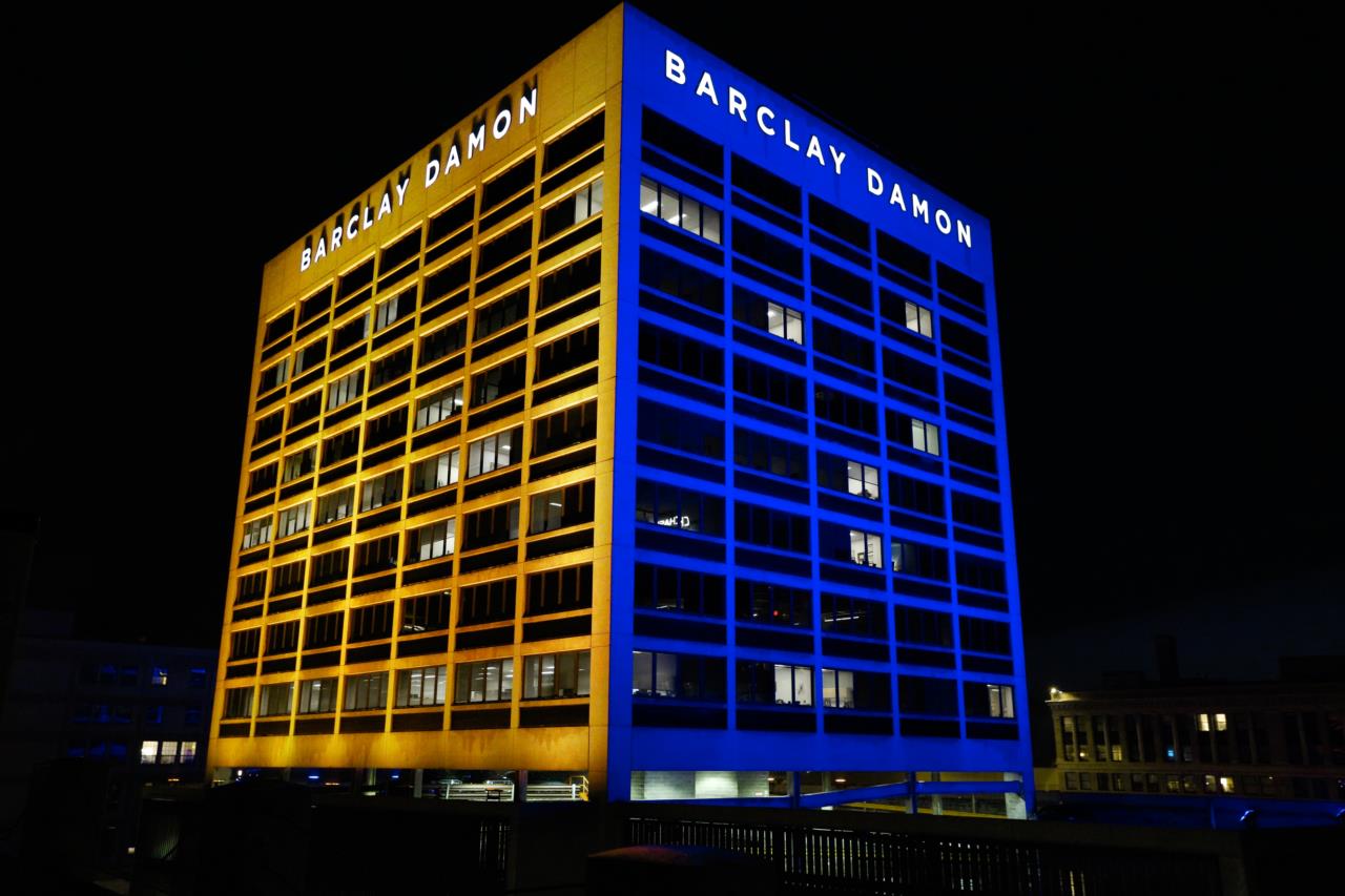 To show our support for Ukraine, Barclay Damon Tower was lit up yellow and blue on March 9, 2022. 