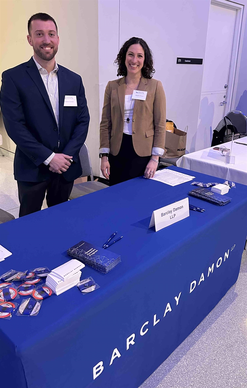 As part of the 2023 summer associate recruitment efforts coordinated by Sharon Brown and Meghan Dwyer, Meghan and Andrew Carroll represented the firm at the University at Buffalo School of Law 2023 Law Career Fair, where they met with UB law students—1Ls, 2Ls, and 3Ls—looking for immediate and summer positions. 