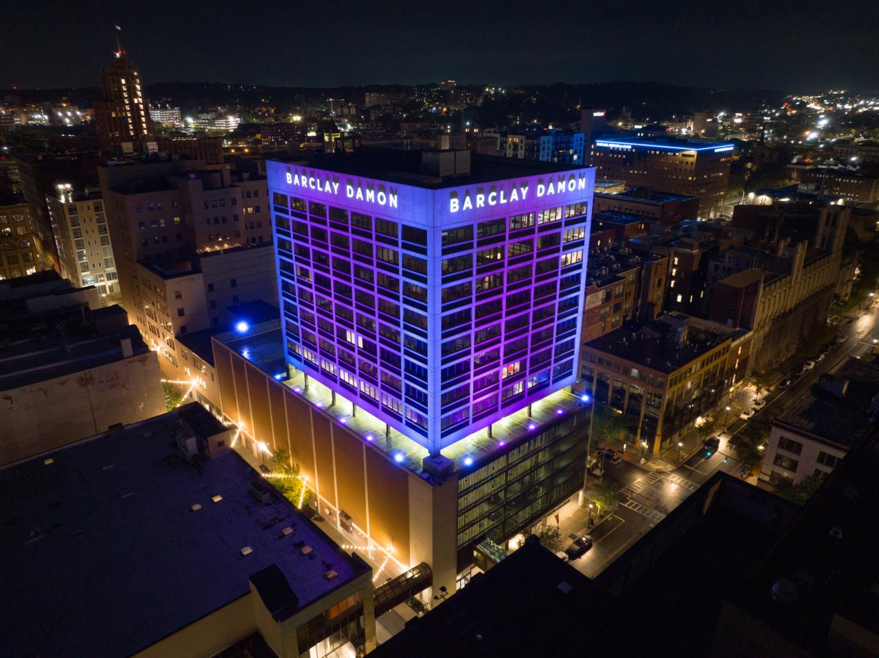 Barclay Damon Tower was lit purple and teal for Suicide Prevention Month on September 12.